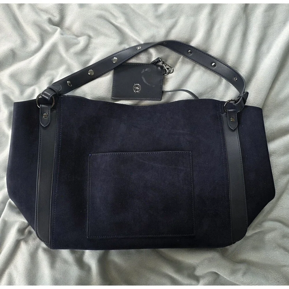 House of Harlow 1960 Navy Blue Suede Leather Trim Tassel Tote Shoulder Bag